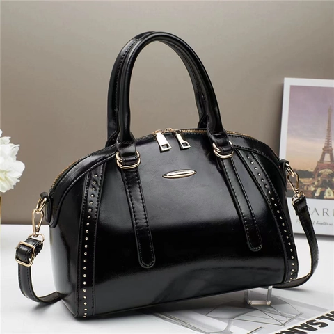 Glossy PU Leather Boston Bag Rivet Decor Handbag For Women Elegant Shoulder Crossbody Bag With Detachable Strap