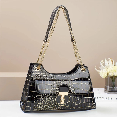 Women Crocodile Pattern PU Leather Shoulder Bag Metal Chain Strap Turn Lock Elegant Handbag
