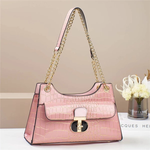Women Crocodile Pattern PU Leather Shoulder Bag Metal Chain Strap Turn Lock Elegant Handbag