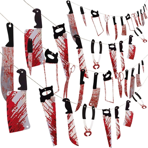 Halloween Horror Bloody Knife Banner Props Haunted House Bar Party Decoration Realistic Weapon Hanging Ornaments PVC Decor