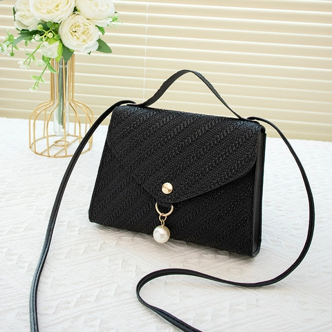 Women Crossbody Bag PU Leather Embossed Woven Texture With Artificial Pearl Pendant Square Small Handheld Shoulder Elegant Pouch
