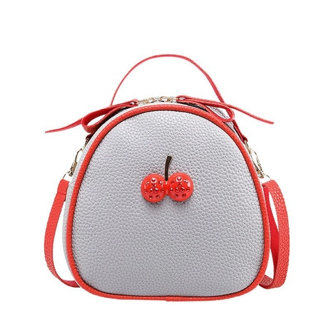 Mini Round Crossbody Bag PU Leather Lychee Pattern Cherry Rhinestone Decor Top Handle Fashion For Women Girls