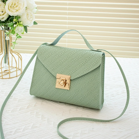 Damen Mode PU Leder Webmuster Kleine Quadratische Umhängetasche Elegante Goldene Schloss Handtasche斜挎包 Für Den Alltag