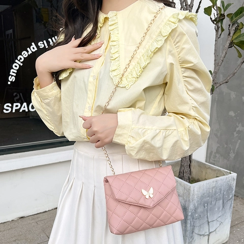 Women PU Leather Crossbody Bag Rhombic Quilted Pattern Butterfly Metal Buckle Gold Chain Strap Elegant Small Square Purse
