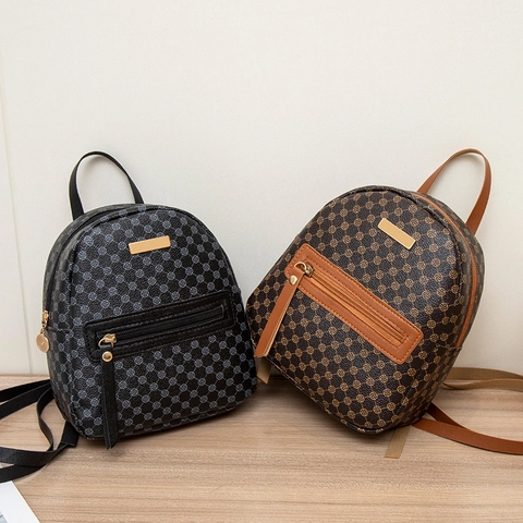 Mini Rucksack Mode PU Leder Vintage Druck Reißverschluss Casual Daypack Für Damen Und Studentinnen