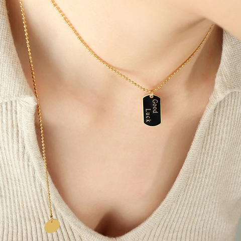 Good Luck Pendant Necklace 18K Gold Plated Titanium Steel Black Enamel Ball Chain Square Tag Round Disc Jewelry For Women