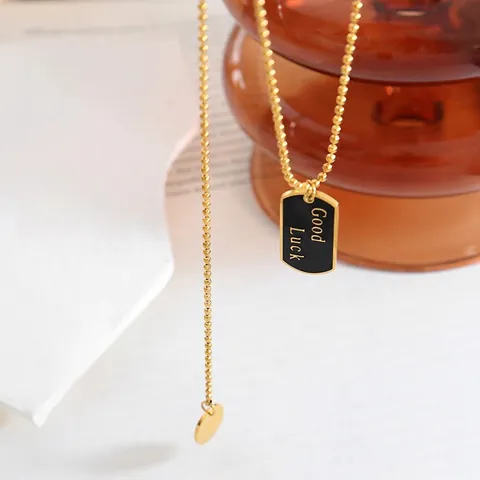 Good Luck Pendant Necklace 18K Gold Plated Titanium Steel Black Enamel Ball Chain Square Tag Round Disc Jewelry For Women