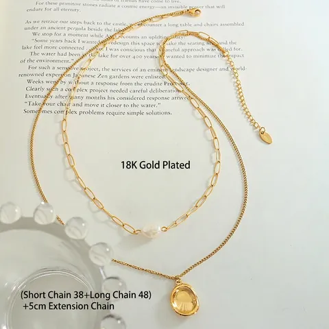 Double Layer Necklace Freshwater Pearl 18K Gold Plated Titanium Steel Oval Pendant Vintage Minimalist Jewelry For Women