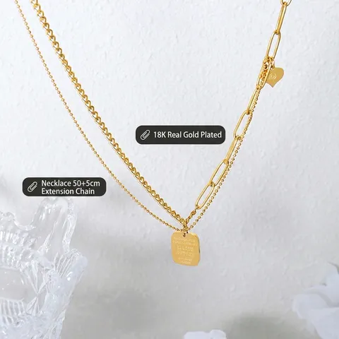 Stainless Steel Necklace Gold Plated Double Layer Asymmetric Paperclip Curb Chain Square Plaque Heart Pendant Fashion Accessory