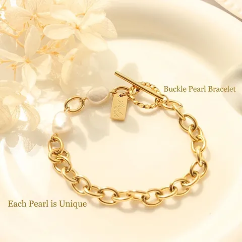 Edelstahl Armband Mit Süßwasserperle Klobige Kette OT Verschluss Quadratische Platte Handgemachter Schmuck Für Damen