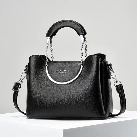 Women Litchi Pattern PU Leather Handbag Metal Ring Handle Crossbody Bag Minimalist Shoulder Tote Commuter Bag Fashion Accessory