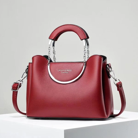 Women Litchi Pattern PU Leather Handbag Metal Ring Handle Crossbody Bag Minimalist Shoulder Tote Commuter Bag Fashion Accessory