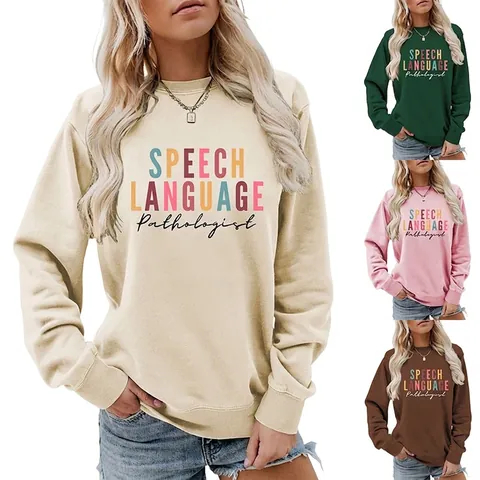 Women Sweatshirt Round Neck Long Sleeve Speech Language Pathologist Print Casual Loose Cotton Blend Pullover Tops