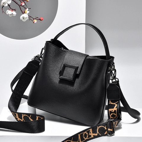 Women Bucket Bag PU Leather Litchi Texture Square Buckle Wide Printed Strap Crossbody Handbag Fashion Casual