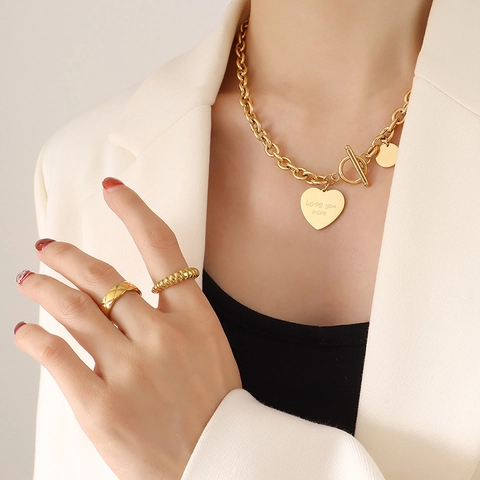 Collar de Cadena Gruesa con Colgante de Corazón Hip Hop Acero de Titanio Oro Plata Cierre de Palanca Joyería Para Mujer