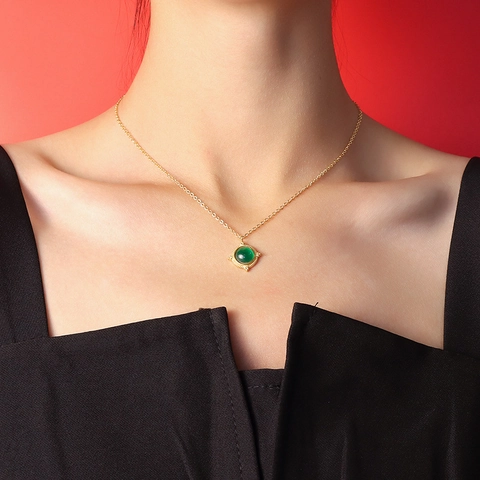 Vintage Agate Cat Eye Stone Pendant Necklace Titanium Steel Minimalist Clavicle Chain Fashion Jewelry Gift For Women