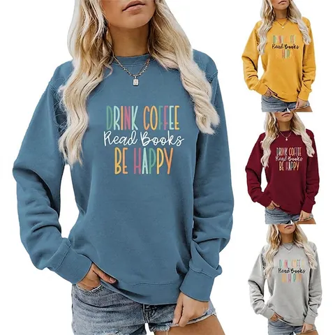 Sweatshirt Femme Col Rond Pull Manches Longues Imprimé Lettres Casual Streetwear Mélange Coton Doux Confortable