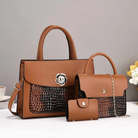 Women Fashion Handbag Set PU Leather Crocodile Embossed Patchwork Metal Flower Lock Tote Crossbody Bag And Wallet
