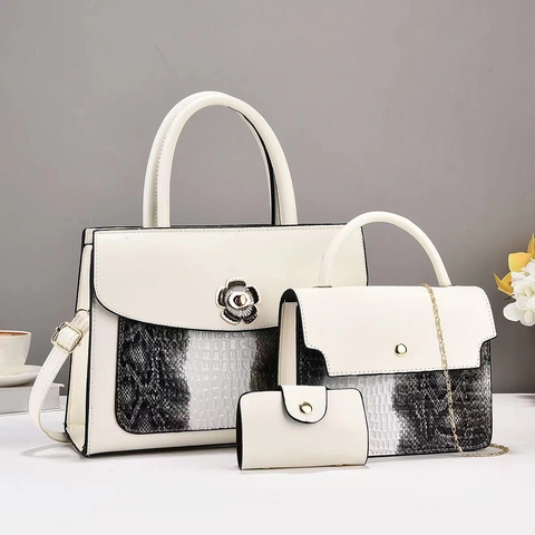 Women Fashion Handbag Set PU Leather Crocodile Embossed Patchwork Metal Flower Lock Tote Crossbody Bag And Wallet
