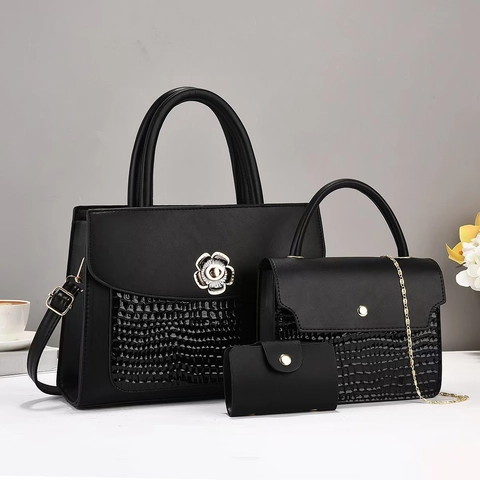 Elegant PU Leather Crocodile Pattern Handbag Crossbody Bag And Wallet With Metal Flower Decoration Fashion Stylish Simple Ladies Travel Work Accessories