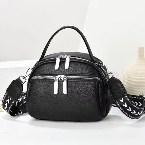 Women Crossbody Bag Multi-Layer Litchi Pattern PU Leather Shoulder Bag Wide Woven Strap Large Capacity Handbag Casual