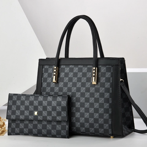 Damen Gittermuster PU Leder Tragetasche und Geldbörse Große Kapazität Pendeln Schulter Handtasche Urban Einfache Messenger Bag