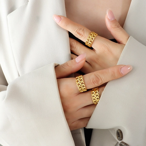 Dubbellaagse Schakelketting Ring Titanium Staal 18K Verguld Verstelbare Open Ring Geometrische Punk Sieraden Voor Dames