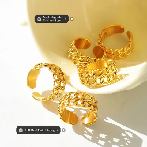 Dubbellaagse Schakelketting Ring Titanium Staal 18K Verguld Verstelbare Open Ring Geometrische Punk Sieraden Voor Dames