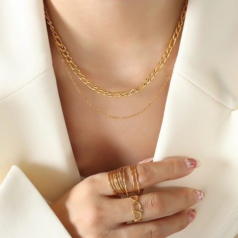 Collana A Doppio Strato Per Donna In Acciaio Al Titanio Placcato Oro 18K Catena Figaro E Maglia Gioielli Minimalisti