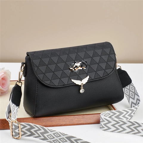 Women Crossbody Shoulder Bag PU Leather Geometric Triangle Embossed Wing Metal Rhinestone Pendant Wide Patterned Strap Elegant