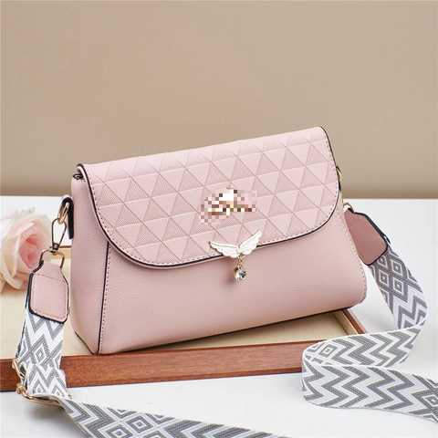 Women Crossbody Shoulder Bag PU Leather Geometric Triangle Embossed Wing Metal Rhinestone Pendant Wide Patterned Strap Elegant
