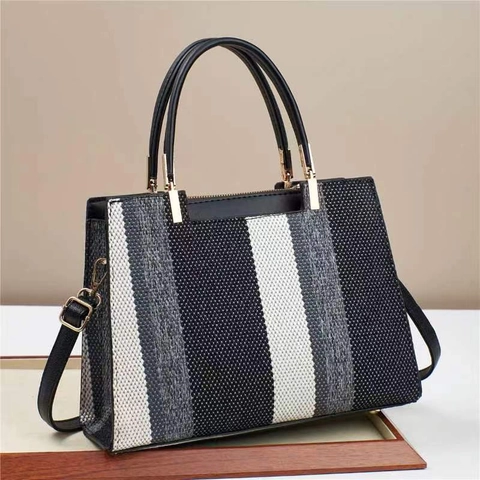 Bolso Tote De Rayas Con Bloques De Color Cuir PU Tela Bolso Bandolera De Gran Capacidad Correa Ajustable Retro Chic