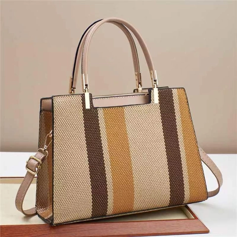 Bolso Tote De Rayas Con Bloques De Color Cuir PU Tela Bolso Bandolera De Gran Capacidad Correa Ajustable Retro Chic