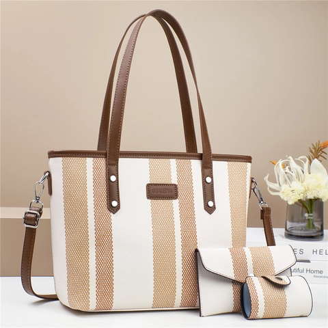 Women Striped Tote Handbag Envelope Clutch Cylindrical Coin Pouch Woven Texture PU Leather Large Capacity Contrast Color