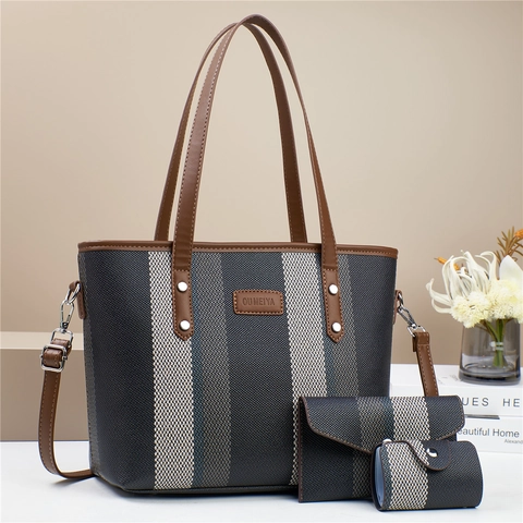 Women Striped Tote Handbag Envelope Clutch Cylindrical Coin Pouch Woven Texture PU Leather Large Capacity Contrast Color