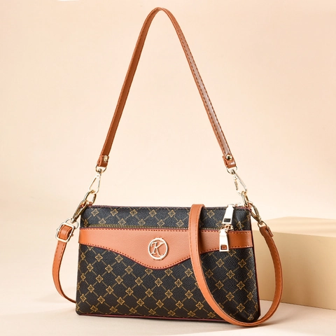Damen Schultertasche Monogramm PU Leder Vintage Bedruckt Umhängetasche Mit Verstellbarem Riemen Metall K Logo Täglich Pendeln