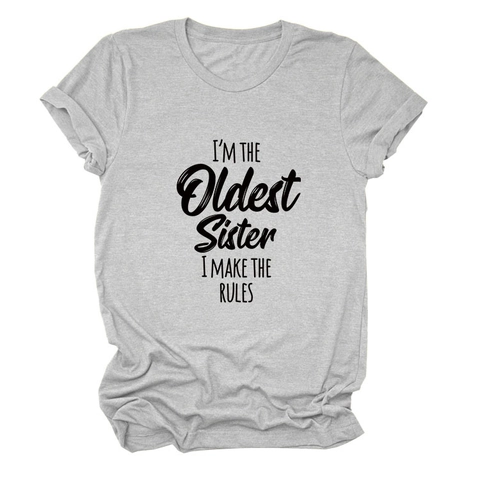 T-shirt Femmes Imprimé Slogan Oldest Sister Mélange Coton Manches Courtes Col Rond Tops Streetwear Décontractés