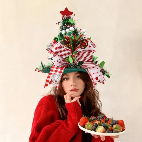 Cappello A Forma Di Albero Di Natale Con Punta A Stella Di Filamenti E Grande Fiocco Per Decorazione Feste In Tessuto Colorato