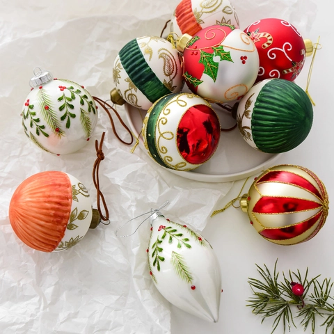 Christmas Ornaments Hanging Glass Balls And Teardrop Baubles Hand Painted Festive Patterns Tree Decoration Holiday