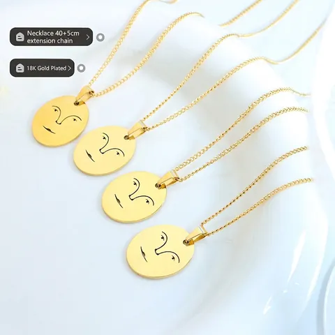 Minimalist Abstract Face Pendant Necklace Stainless Steel 18K Gold Plated Oval Smile Line Art Clavicle Chain Jewelry Women
