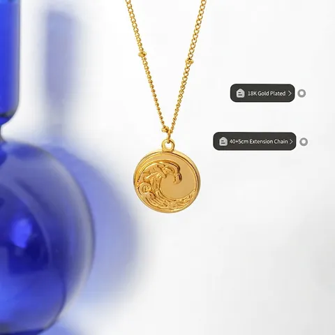 Collar con Colgante Redondo en Relieve de Ola Acero de Titanio Chapado en Oro de 18K Cadena Satélite Gargantilla Mujer Joyería