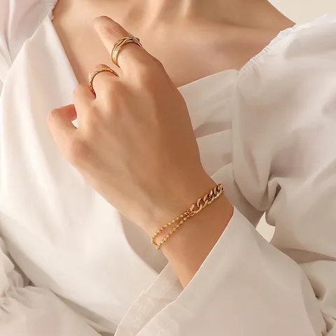 Bracciale A Catena Giuntata Acciaio Al Titanio Placcato Oro 18K Catena Barbazzale Doppia Fila Perline Regolabile Gioielli