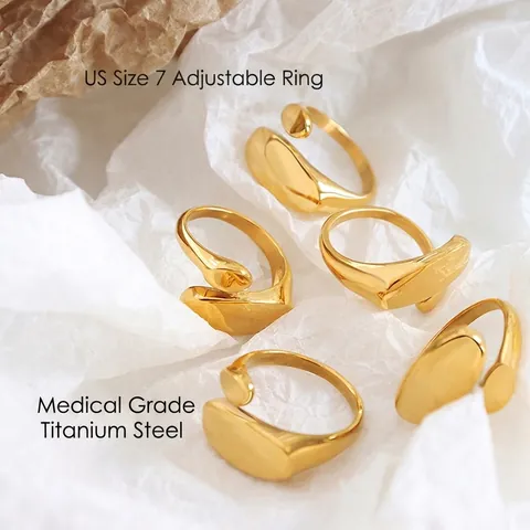 Minimalist Irregular Open Ring For Women Titanium Steel 18K Gold Plated Adjustable Geometric Smooth Band Finger Jewelry