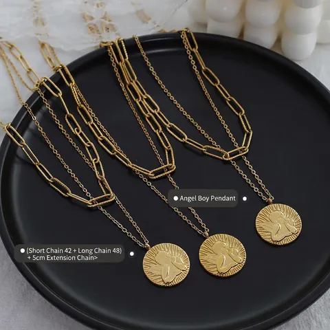 Double Layer Necklace Titanium Steel 18K Gold Plated Paperclip Chain Angel Boy Medallion Pendant Elegant Retro Style
