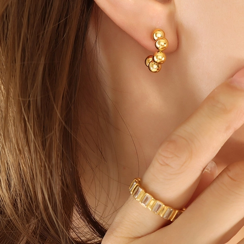 C-Shape Beaded Earrings Surgical Titanium Steel 18K Gold Plated Vintage Geometric Minimalist Jewelry For Women
