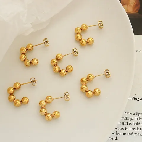 C-Shape Beaded Earrings Surgical Titanium Steel 18K Gold Plated Vintage Geometric Minimalist Jewelry For Women