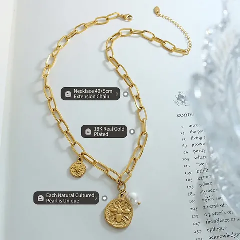 Collana Vintage in Acciaio Inossidabile Placcato Oro Perla d'Acqua Dolce Ape Stella Rilievo Ciondolo Gioielli da Donna
