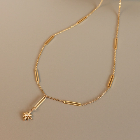 North Star Anhänger Halskette Damen 18K Vergoldet Titanstahl Vintage Minimalistisch Achtzackiger Stern Zirkonia