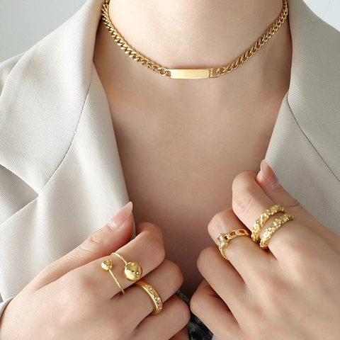 Geometric Rectangular Bar ID Plate Necklace And Bracelet 18K Gold Plated Stainless Steel Hip Hop Minimalist Cuban Chain