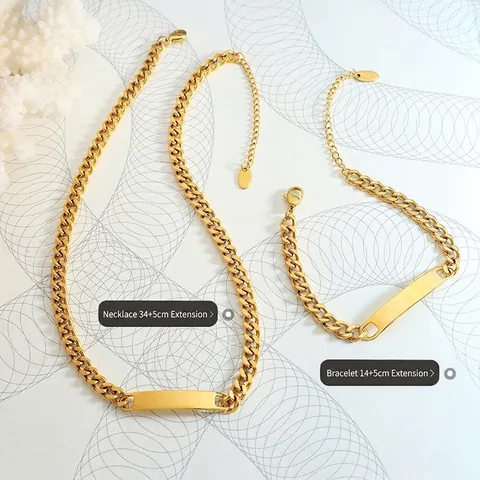 Geometric Rectangular Bar ID Plate Necklace And Bracelet 18K Gold Plated Stainless Steel Hip Hop Minimalist Cuban Chain